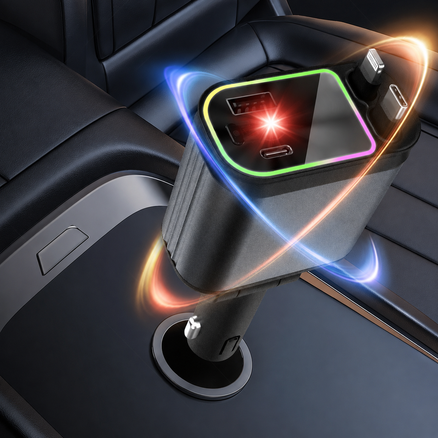 CHARGEUR de Voiture 4 en 1     120W Ultra Rapide avec 2 Câbles Rétractables & Lumière LED
