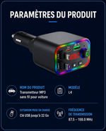 TRANSMETTEUR Bluetooth MP3 pour Voiture Charge Ultra Rapide 120W avec Câbles Rétractables, USB-C & Lightning