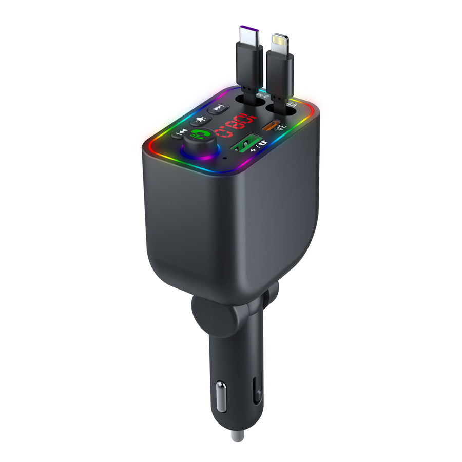 TRANSMETTEUR Bluetooth MP3 pour Voiture Charge Ultra Rapide 120W avec Câbles Rétractables, USB-C & Lightning
