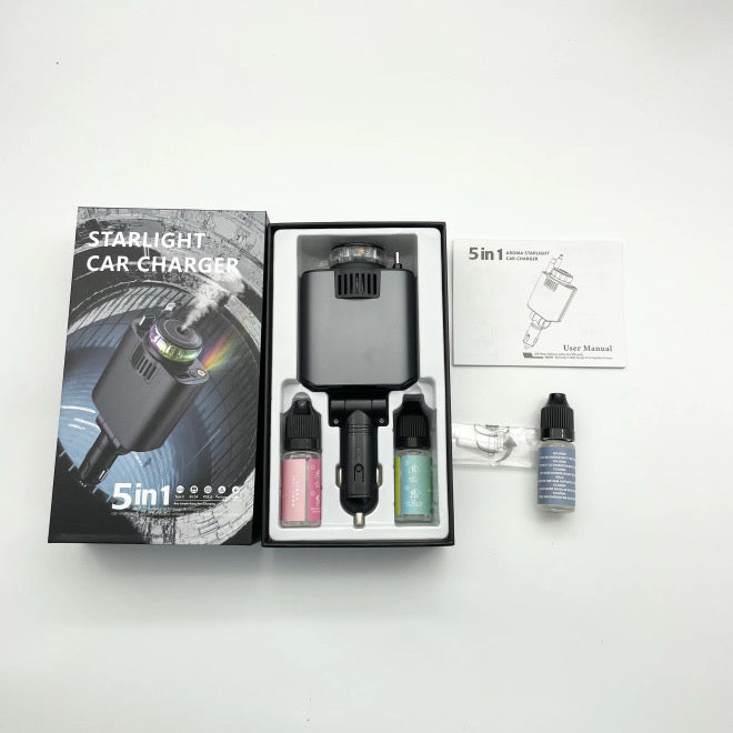 Chargeur Voiture 5 en 1 Rétractable – Recharge Rapide USB-C & Lightning