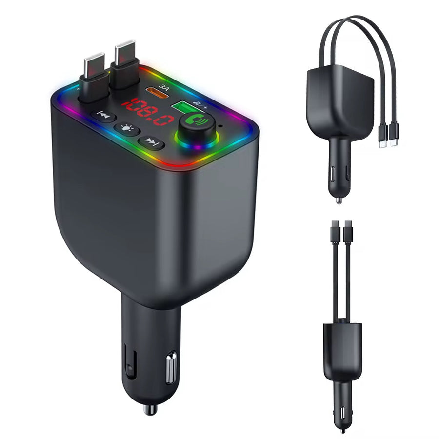 TRANSMETTEUR Bluetooth MP3 pour Voiture Charge Ultra Rapide 120W avec Câbles Rétractables, USB-C & Lightning
